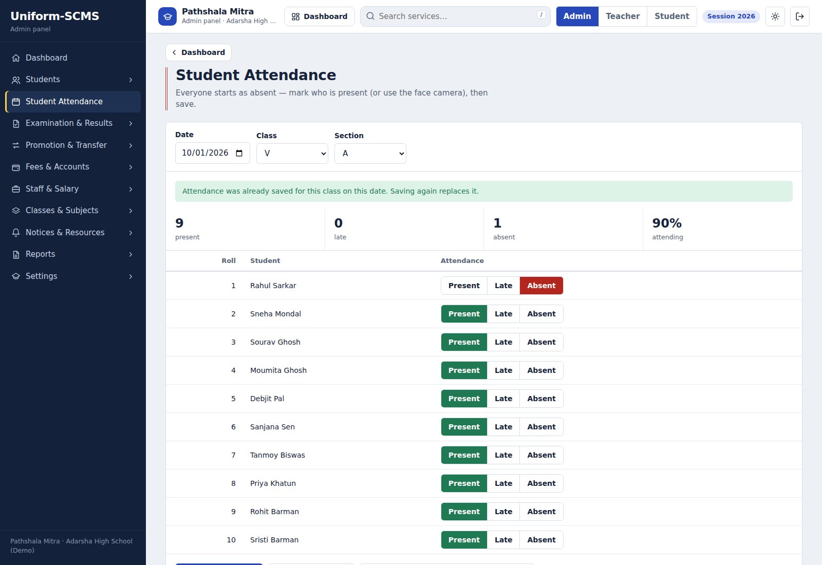 Pathshala Mitra student attendance screen — everyone starts absent and staff mark who is present