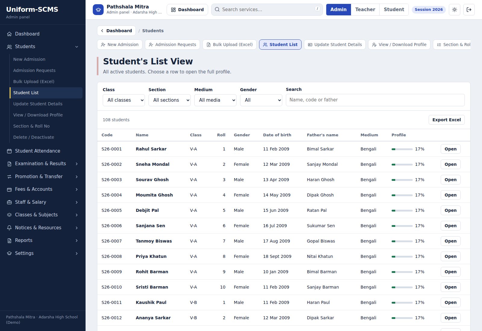 Pathshala Mitra student list view with class, section and profile completeness
